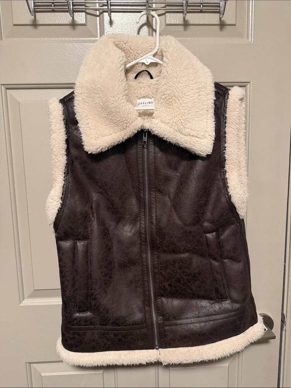 aerie Cream Sherpa-Lined Dark Brown Faux Leather Vest